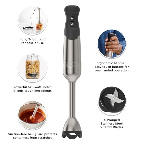 Vitamix 5-Speed Immersion Blender Bundle, 625-Watt Motor, One-Handed Operation, 5 ft cord, includes Whisk Attachment & Storage Case