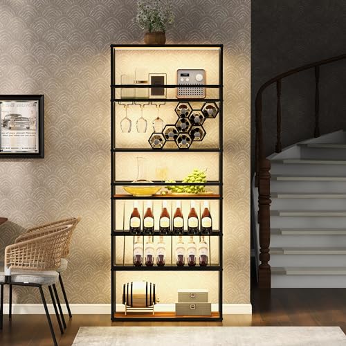 Merax Wine Rack with LED Lights & Glass Holder, Contemporary Freestanding 7-Tier Tall Bar Cabinet, Luxury Kitchen Furniture for Liquor Storage