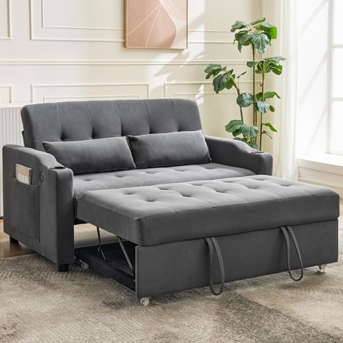 GarveeHome 3 in 1 Convertible Sleeper Sofa Bed, Corduroy Futon Couches with Pull-Out Bed, Adjustable Backrest, Charging Port & Side Pockets