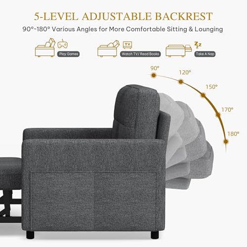 DWVO 55" Convertible Sofa Bed, 3-in-1 Sleeper Sofa with Pull-Out Bed, Linen Futon Couch with Adjustable Backrest and Side Pocket
