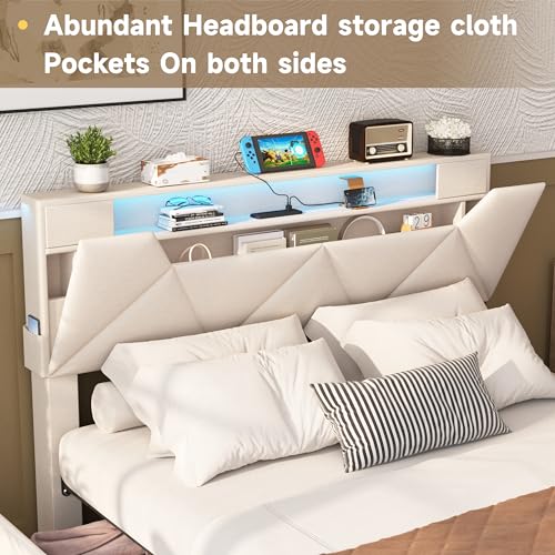 Vabches Queen Bed Frame with Storage Headboard and 4 Drawers,Upholstered Platform with Charging Station and Led Lights,Adjustable Headboard