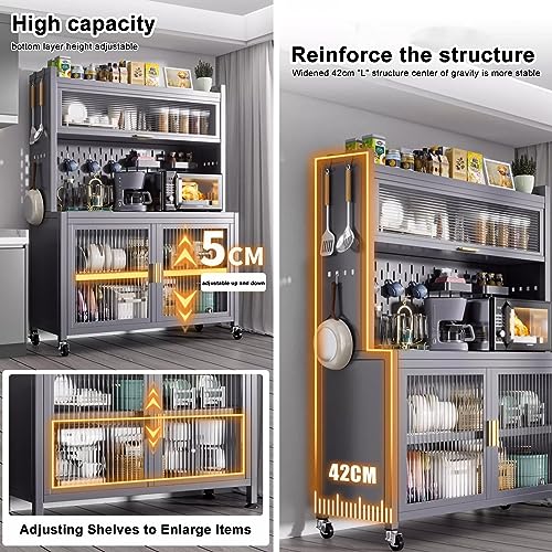 Bakers Rack with Storage, 5-Tier Metal Shelving, Standing Baker's Racks with Rolling Wheels, DIY Backplane Creative