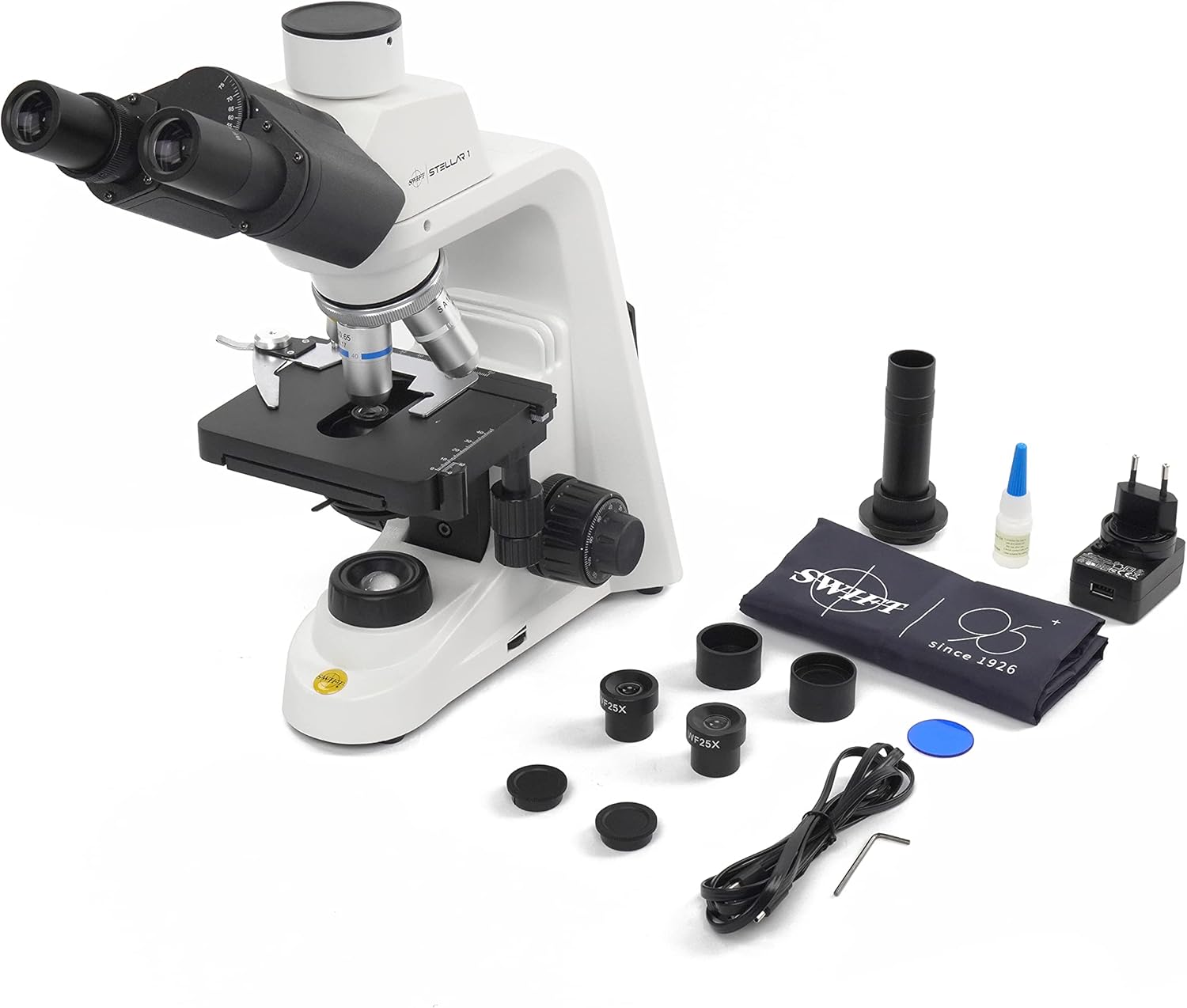 Swift Stellar 1-T Professional Lab Compound Microscope, 40X-2500X Magnification, Siedentopf Trinocular Head, Mechanical Stage, Ultra-Precise Focusing