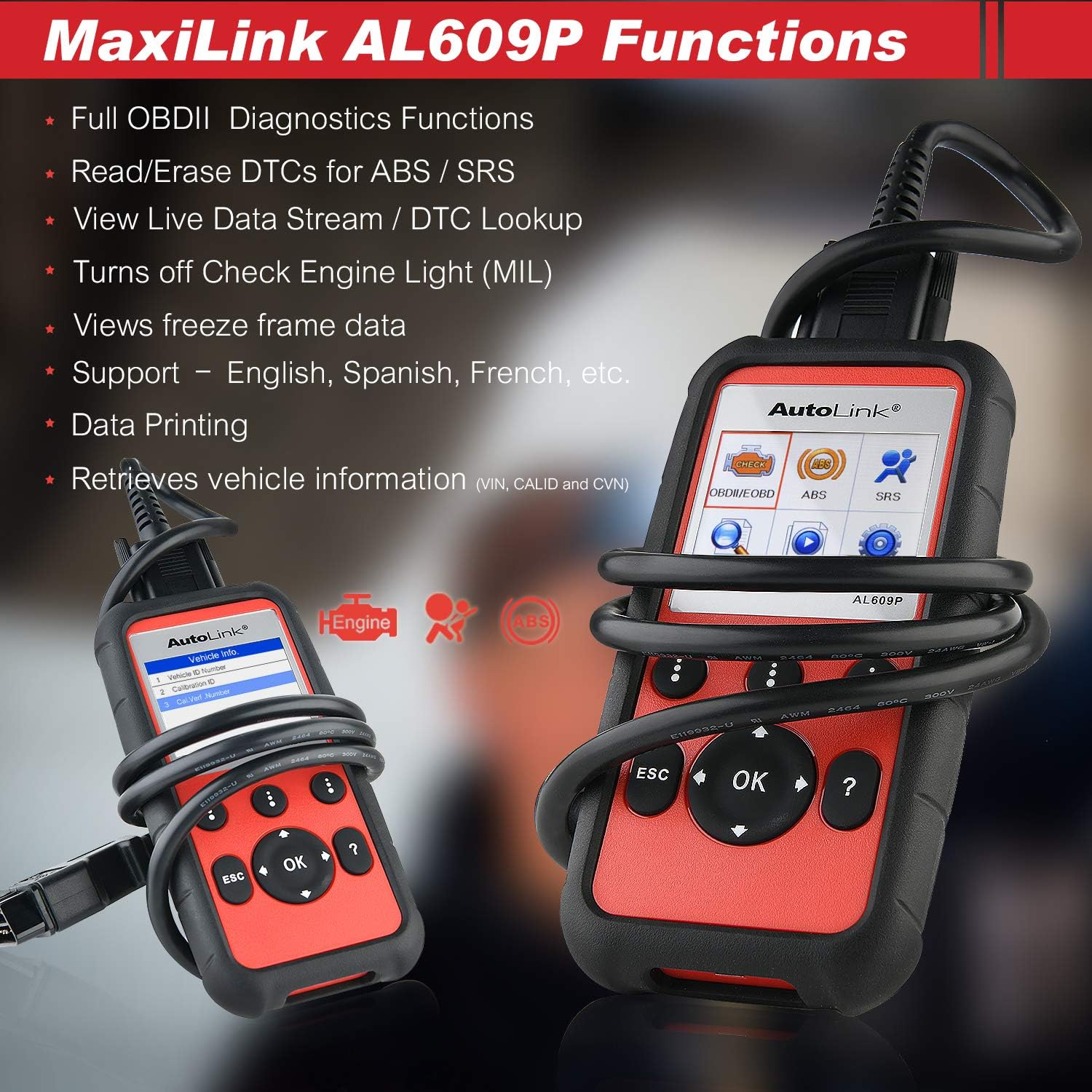 Autel AutoLink AL609P OBD2 Scanner, ABS, SRS 2 Systems Diagnostic scan Tool, Turn Off ABS, Airbag Warning Lights, Ready Test, with AutoVIN