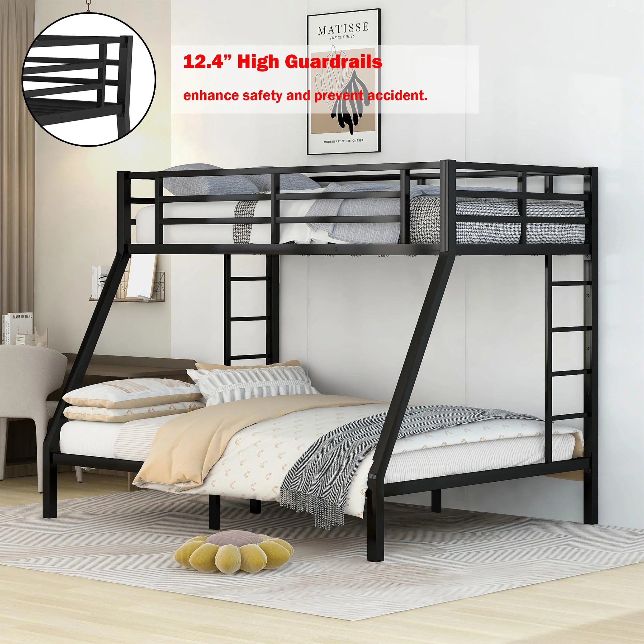 Bellemave Metal Bunk Beds Twin XL over Queen Bunk Bed for Adults, Teens, Kids Heavy Duty Bunk Bed Frame with 2 Ladder and Full-Length Guardrails