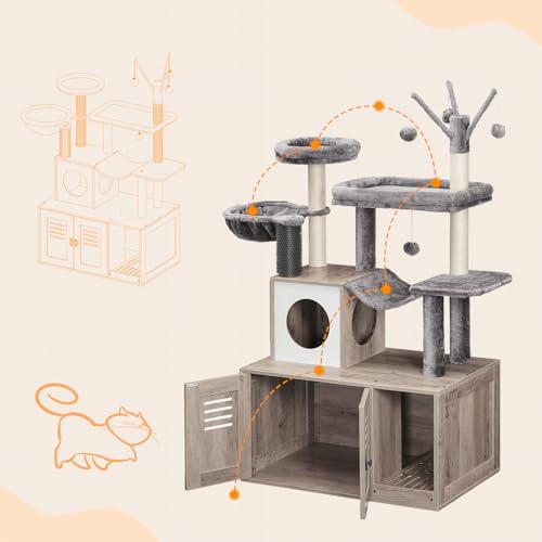 HOOBRO Large Hidden Litter Box, Cat Tree with 30.7'' Long Litter Box Enclosure, Modern Cat Tower, Cat Condos with Scratching Posts, Rubbing Post