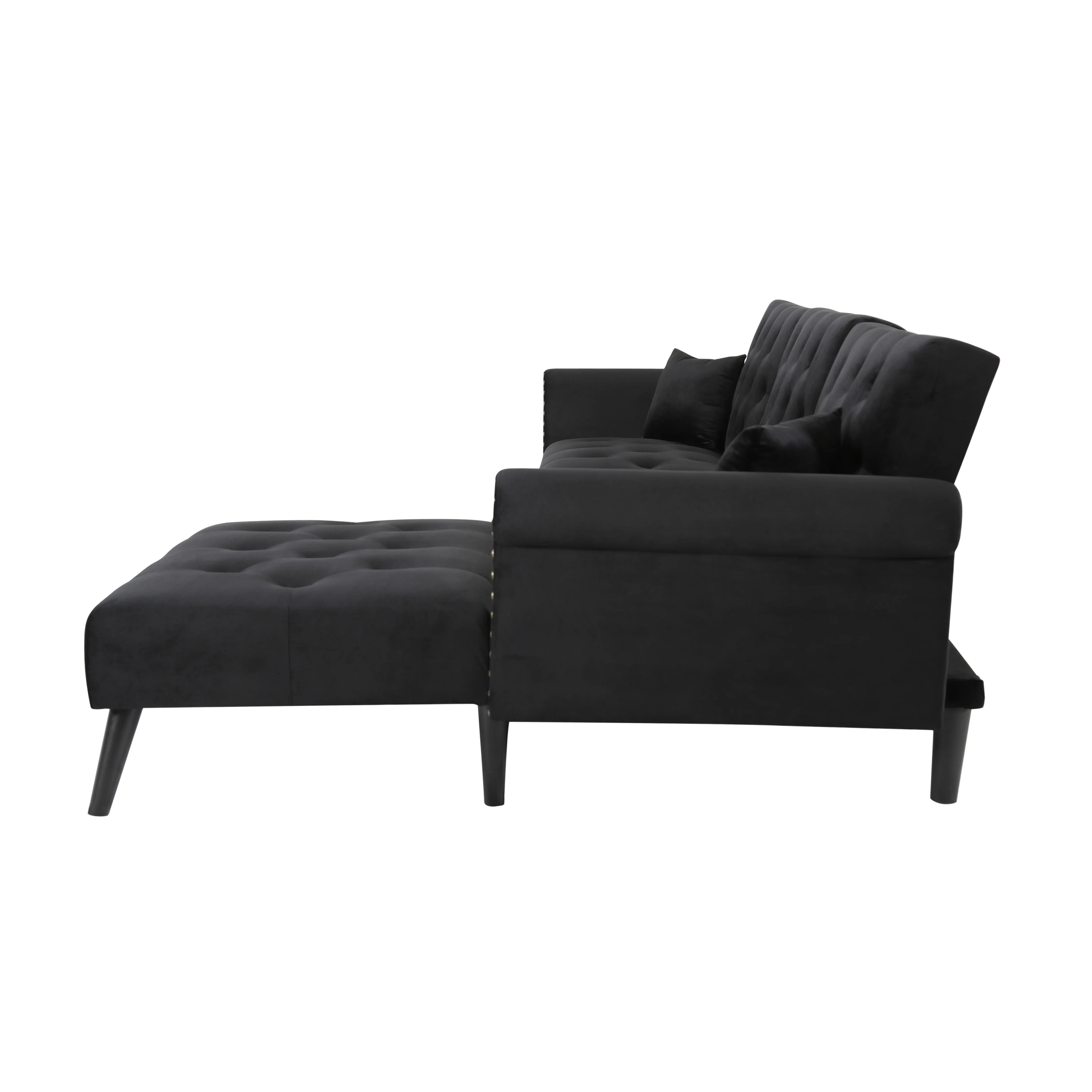 BSHTI 115 inch Stylish Minimalist Sectional Sofa Couch,Velvet Sleeper Futon bed with Reversible Chaise for Living Room(Black)