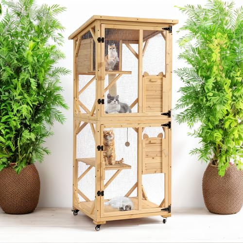 71" H Cat Catio Outdoor Cat Enclosure Window, 4 Tiers Cats Wooden House Cage on Wheels, Large Catios for Cats Indoor Patio with Waterproof Roof