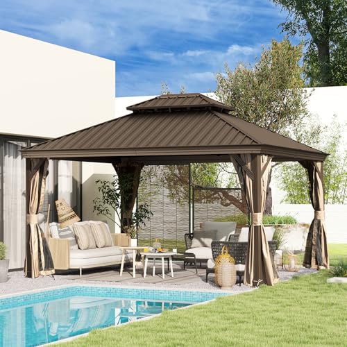 Domi 10’ x 10’ Hardtop Gazebo Metal Frame Canopy with Netting & Curtains