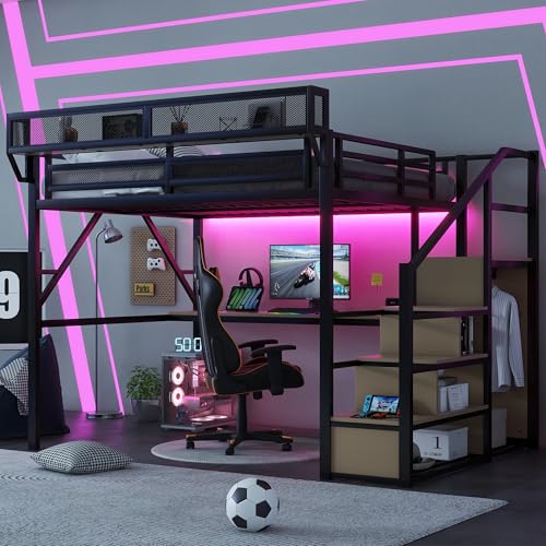 Full Size Loft Bed with Desk and Stairs, Heavy-Duty Steel Loft Bed Frame with Wardrobe & LED Light
