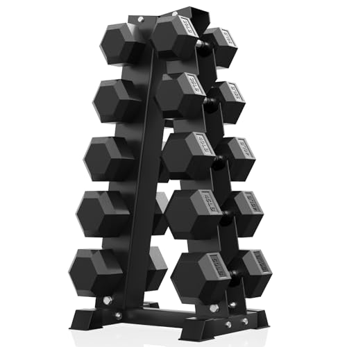 PAPABABE Hex Dumbbell Sets with Rack, 60-550lb Rubber Coated Dumbbell Weight Set and Storage Rack, Multiple Options Hand Weights for Strength Training