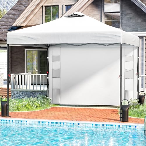 10'x10' Pop Up Canopy Tent with 1 Sidewall and 6 Pockets, One Push Setup, Instant Shade Tent with Vented Roof for Beach Patio Outdoor, Case, 8 Stakes