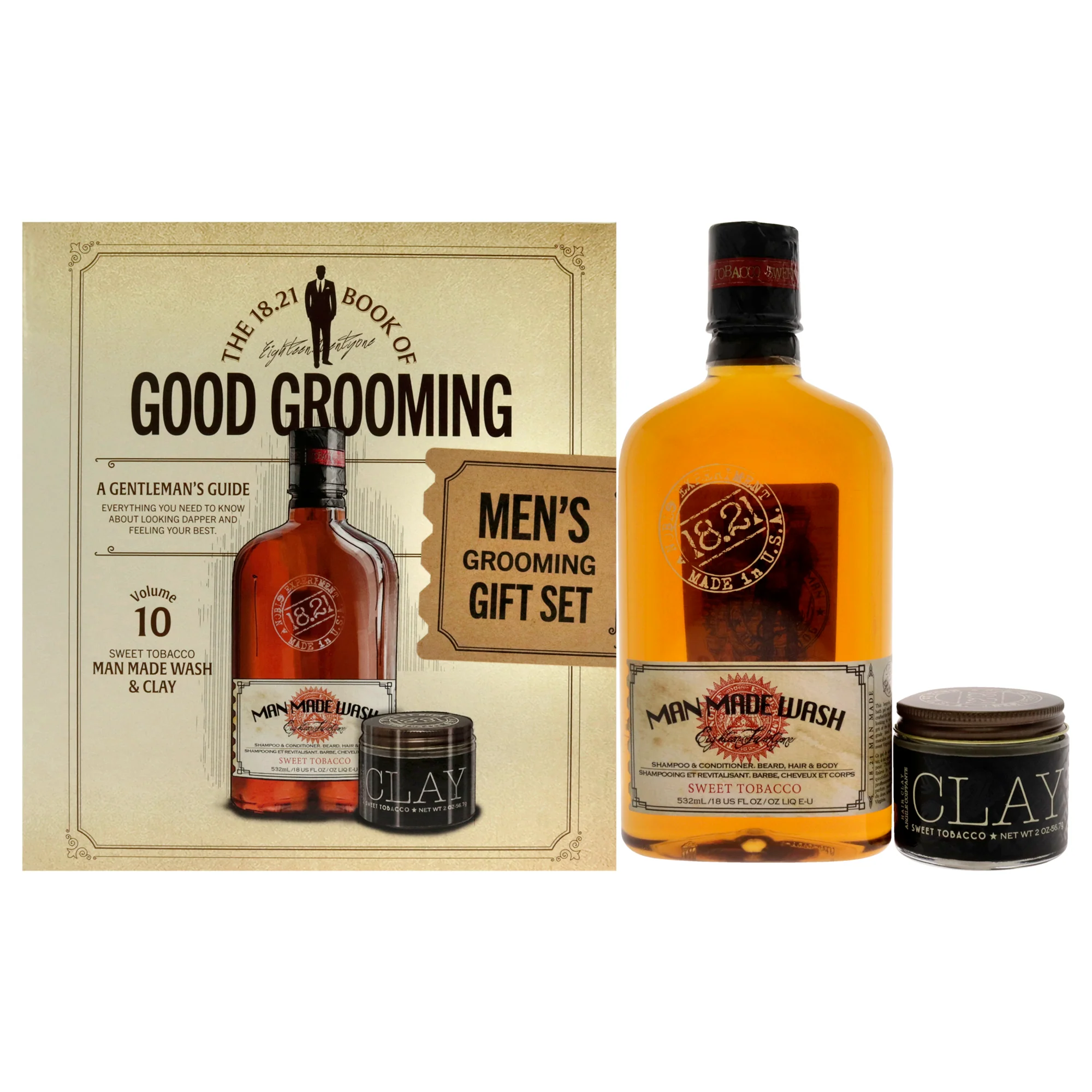 Book of Good Grooming Volume 10 Set - Sweet Tobacco by 18.21 Man Made for Men - 2 Pc 18oz Man Made Wash 3-In-1 Shampoo, Conditioner and Body Wash