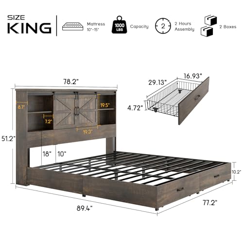 HOWE King Size Bed Frame, Wood Platform Bed Frame with 51.2" Bookcase Headboard, Storage Bed with Sliding Barn Door Charging Station 2 Drawers