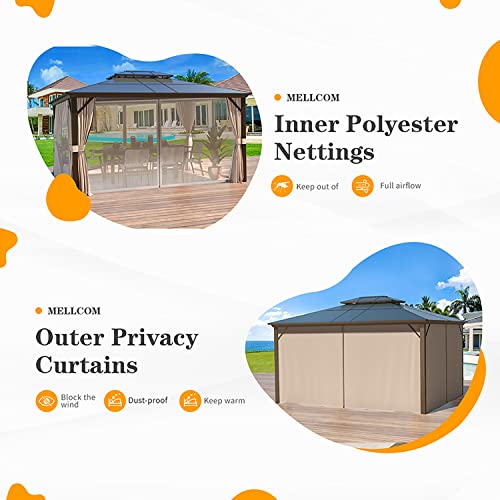 MELLCOM 10'x13' Hardtop Gazebo with Polycarbonate Double Roof, Aluminum Frame Outdoor Gazebo Permanent Pavilion with Curtains and Netting for Patio
