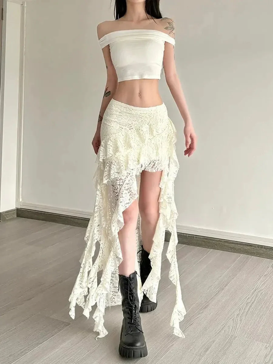 'Tipsy' Boho Style Lace Ruffle Irregular Hem Midi Skirt