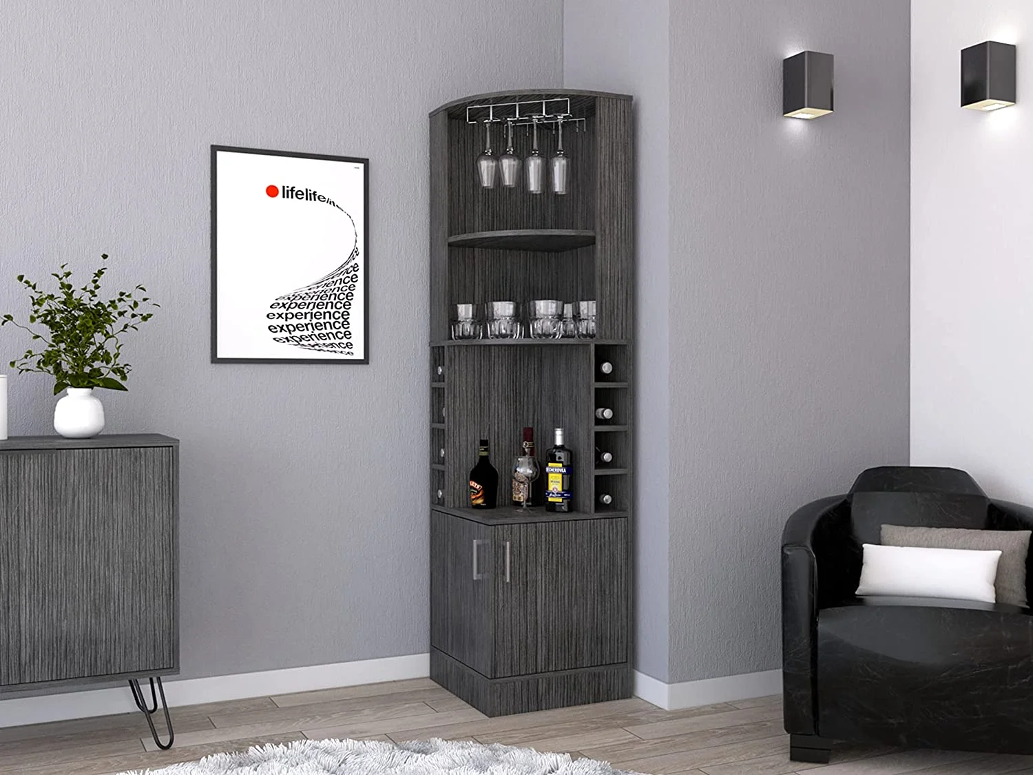 Egina Corner Bar Cabinet With 2 Open Shelves, 2 Doors, 8 Wine Cubbies, And Glass Rack, Smokey Oak - Curated Treasures Market