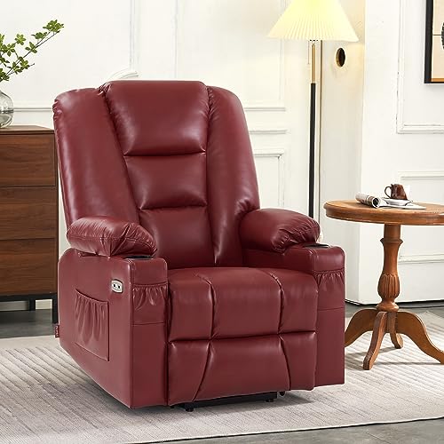 MCombo Small Power Lift Recliner Chair with Massage and Heat for Petite People, Cup Holders, USB Ports, Side Pockets, Faux Leather 7569 (Small