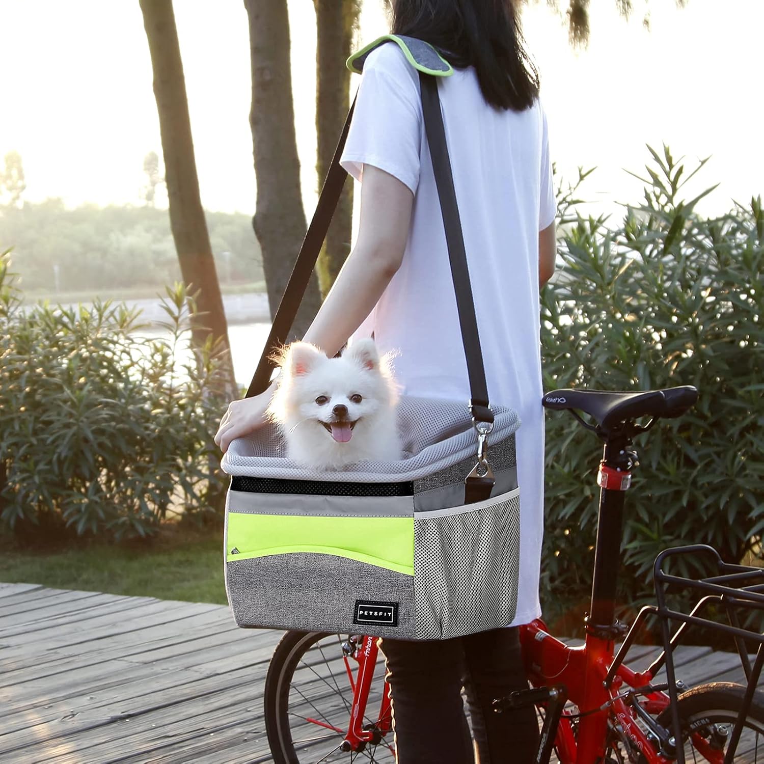 Petsfit Dog Bike Basket, Dog Booster Car Seat, Dog Car Seat for Small Dogs/Cats/Puppies with Safety Rope/Reflective Strips/Two side storage pockets