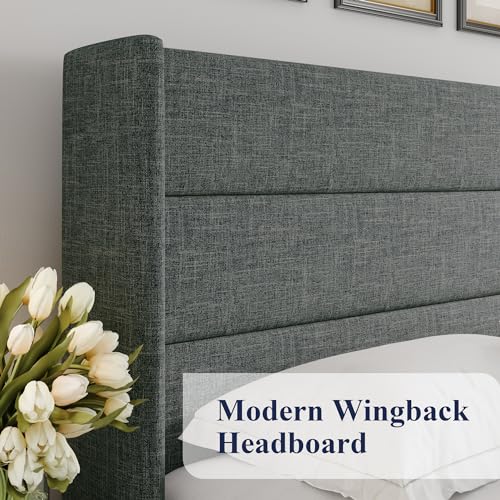 Allewie Full Size Lift Up Storage Bed, Modern Wingback Headboard, Hydraulic Support, No Box Spring Needed, Light Beige
