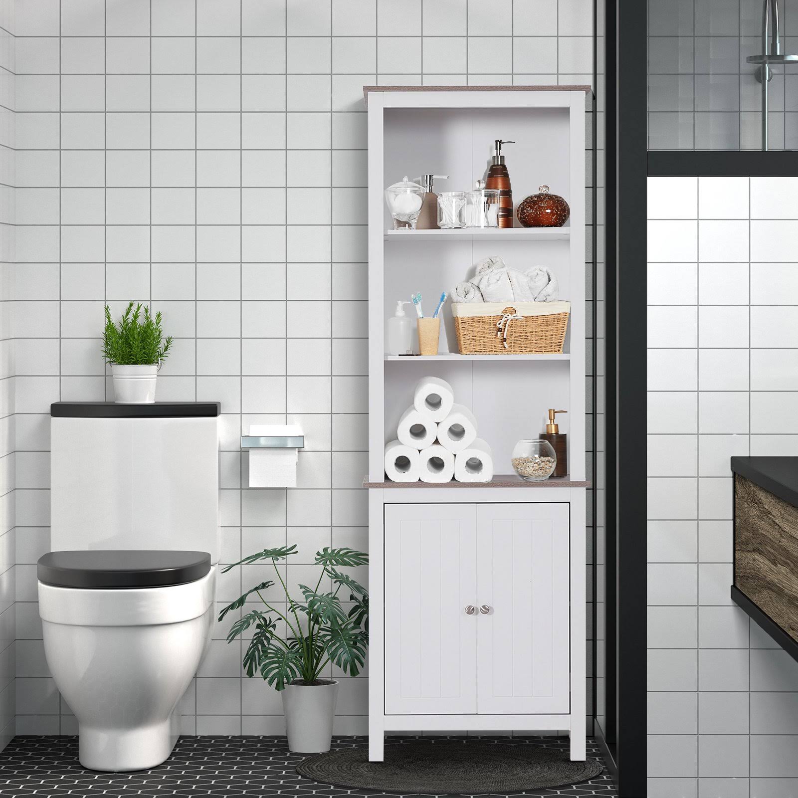 HOMCOM 69” Wood Free Standing Bathroom Linen Tower Storage Cabinet - White