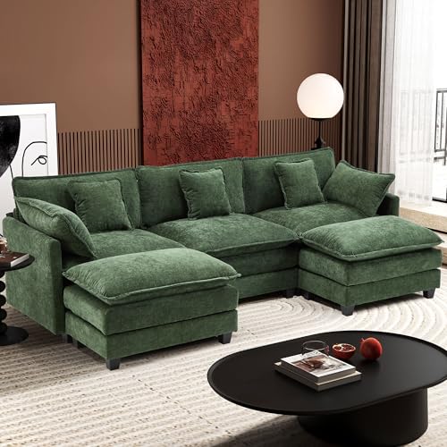 Ihanherry 111.4" U Shaped Modern Cloud Sofa Modular Sectional Couch with 2 Ottoman, 5-Seat Chenille Deep Seat Sofa with Pillow for Living Room