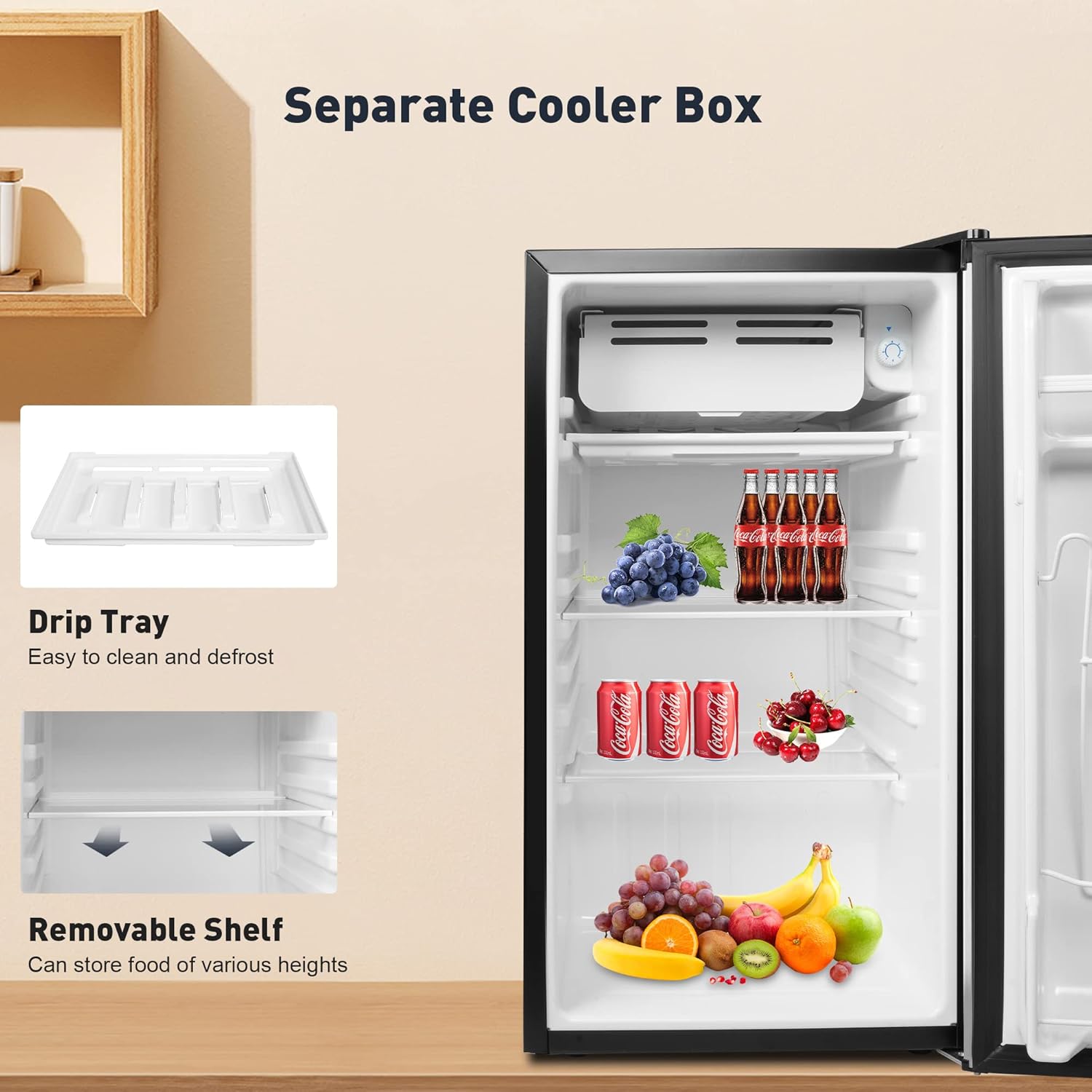 3.2 Cu.Ft. Mini Fridge with Freezer, Single Door Compact Refrigerator,Removable Glass Shelves, Reversible Door, Small Refrigerator for Apartment