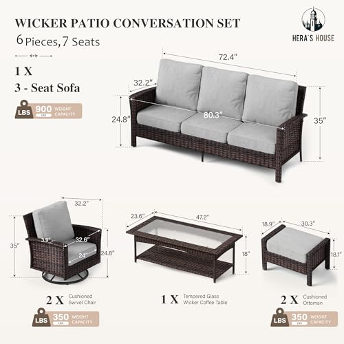 HERA'S HOUSE High Back Patio Furniture Set with Swivel Chairs, Outdoor Wicker Conversation Sets with 5.5" Comfy Cushions, 4 Piece Outside Sofa Sets