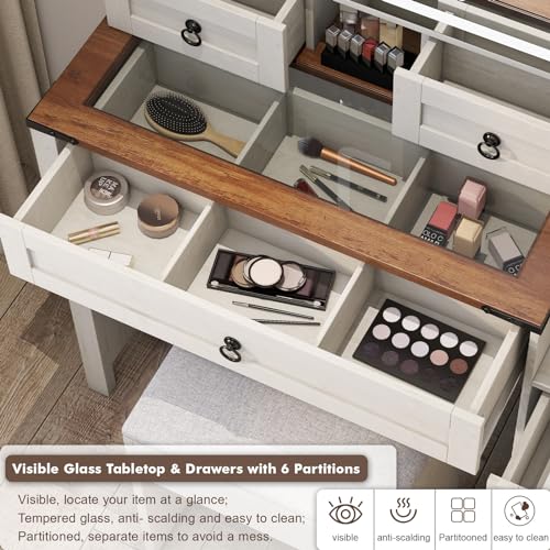 Farmhouse Vanity Desk with Mirror and Lights, Makeup Vanity with Charging Station & Jewelry Cabinet, 42” Glass Tabletop, 4 Drawers