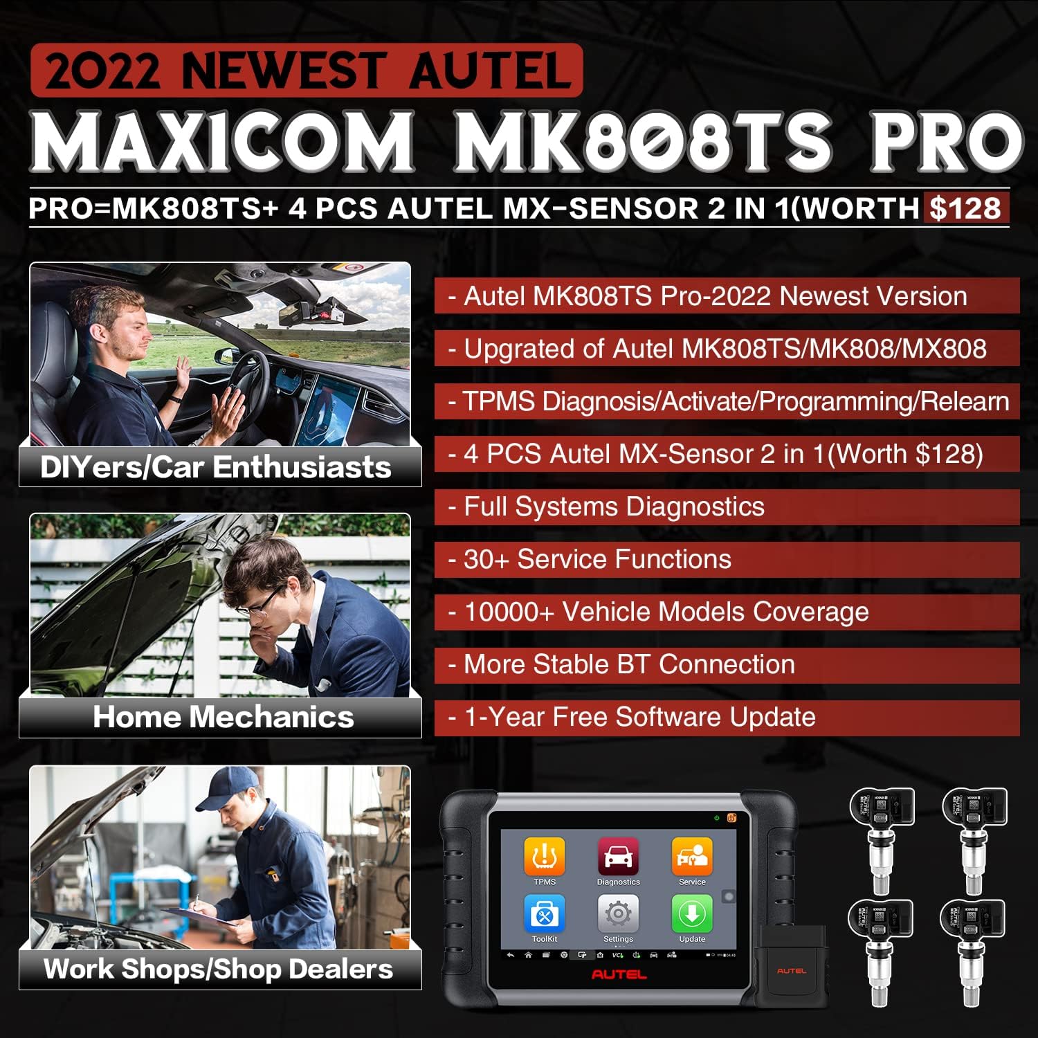 Autel MaxiCOM MK808TS Pro Diagnostic Scan Tool, 2022 Newest Combination of MK808TS + 4PCS Autel MX-Sensor (Value $128)