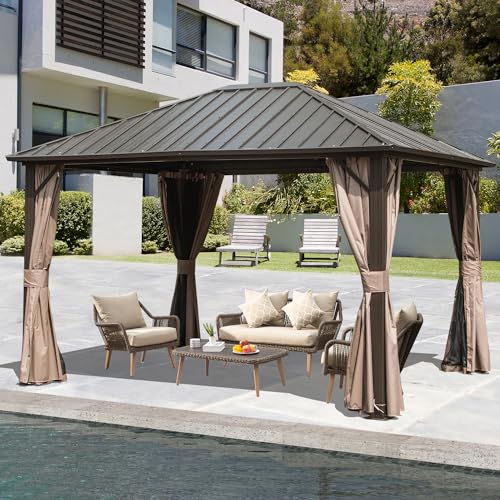 Domi 10' x 10' Hardtop Gazebo Outdoor Metal Gazebo with Galvanized Steel Double Roof Canopy, Curtains and Netting for Patio, Backyard, Deck