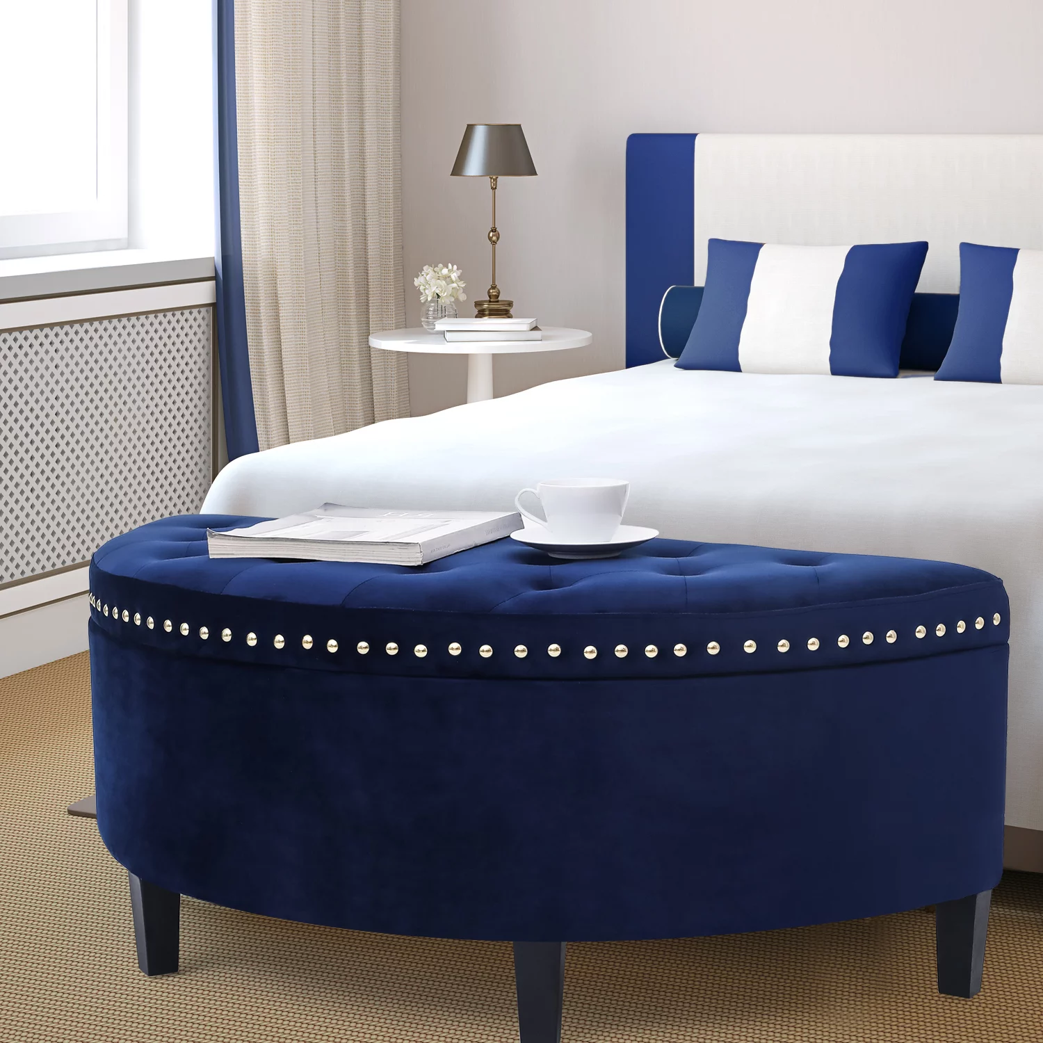 Homebeez 43.5" Half Moon Storage Ottoman, Button Tufted Bedroom Bench for Entryway Living Room, Dark Blue