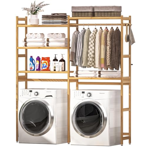 Cozivolife Over The Washer and Dryer Storage Shelf Bamboo,5 Tiers Laundry Room Drying Rack with Adjustable Shelves and 4 Hooks