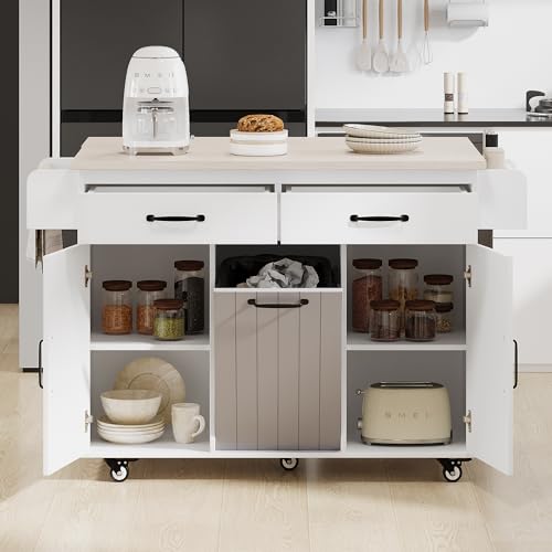 Ball & Cast Farmhouse Kitchen Island with Drop Leaf & Barn Door,Rolling Kitchen Cart on Wheels with Power Outlet,3 Large Drawers