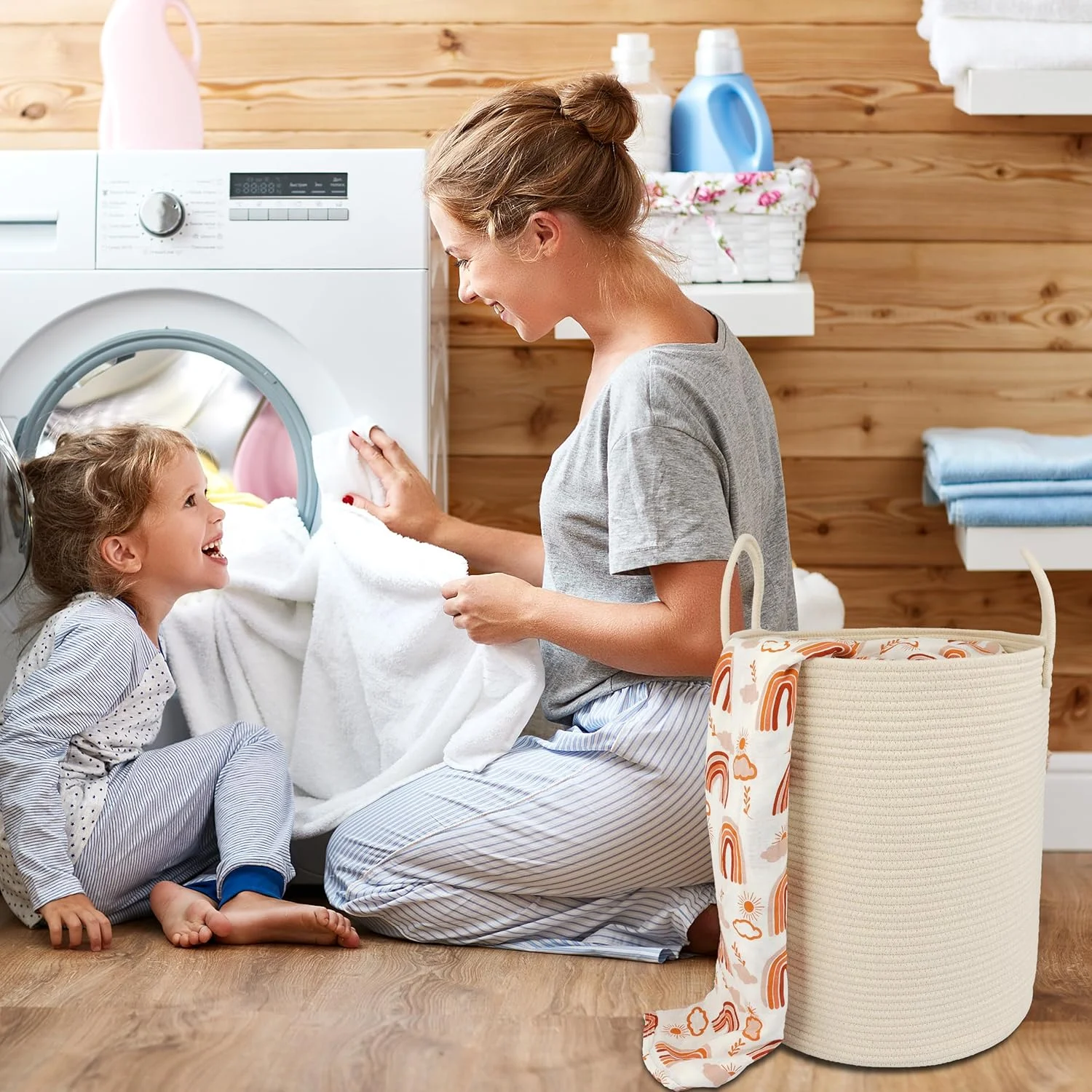 WarmHavenv Cotton Rope Laundry Basket Hamper for Clothes Woven Storage Basket for Living Room Bedroom Boho Tall Rope Baskets for Blanket Toys Pillow