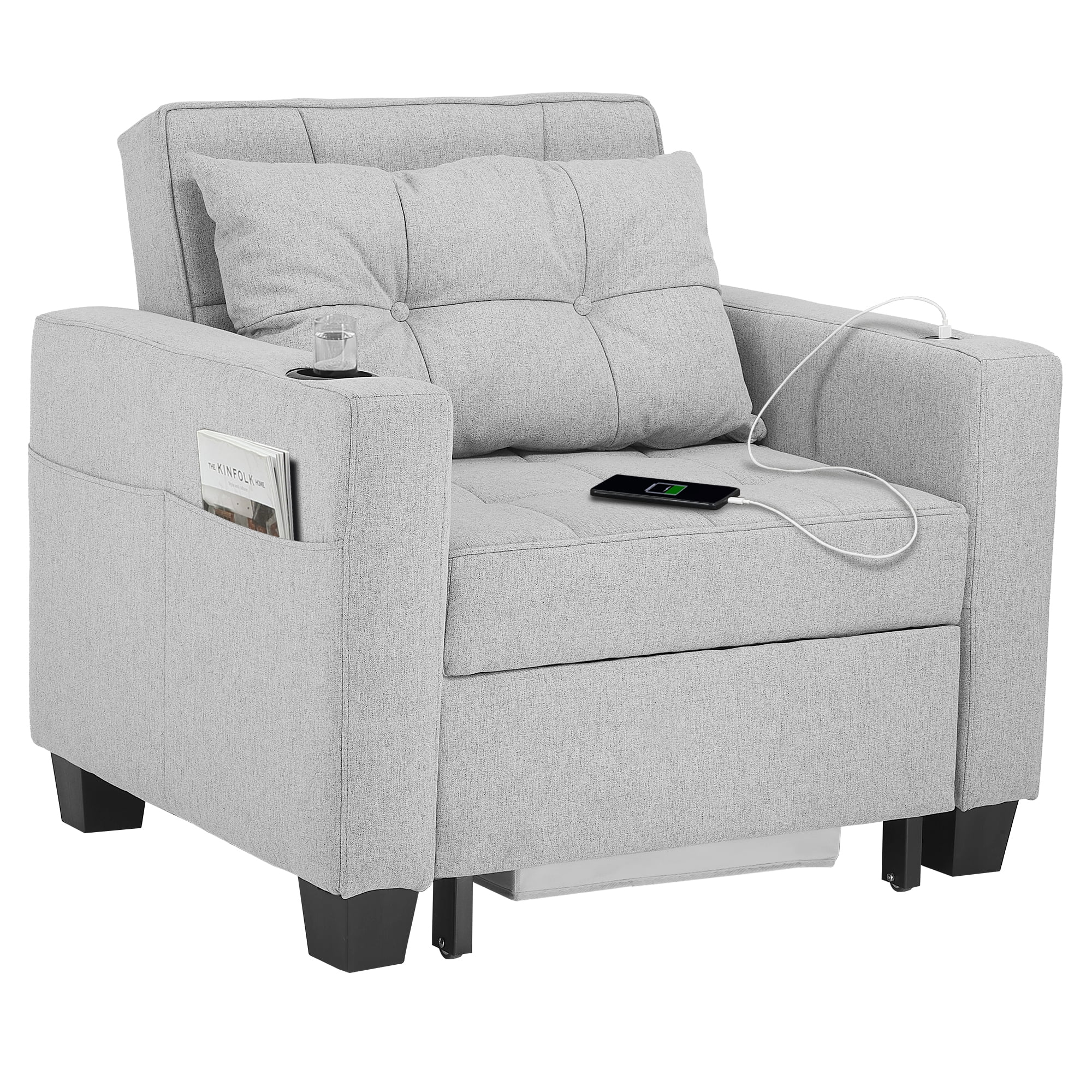 Duraspace Arm Lounge Chair into Sofa Bed for Living Room Adults with USB, Storage Space, Light Gray
