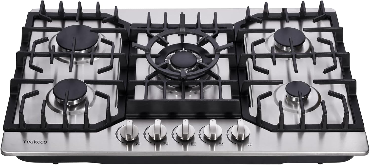 Gas Cooktop 30 Inch, Stainless Steel 5 Burners Built-in Gas Stovetop Propane/Natural Gas Convertible Stove Top Dual Fuel Gas Hob