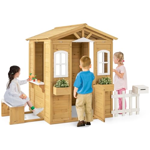 Costzon Outdoor Playhouse, Fir Wood Patio Pretend Play Center w/Bench, Mailbox, Fence, Serving Stations, Flowerpot Holders, Windows & Door