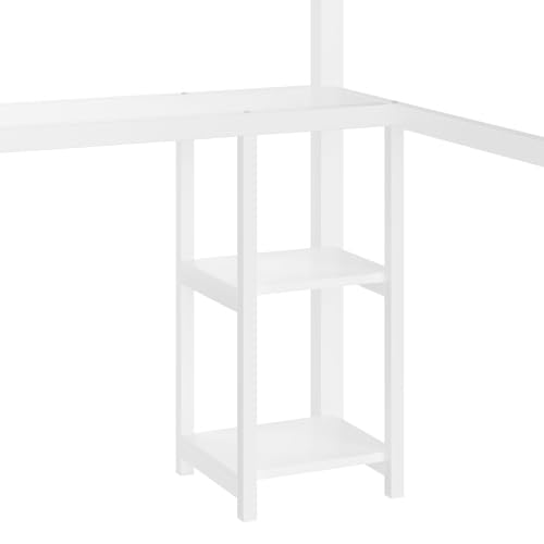 Metal Loft Bed with Wardrobe and L-Shaped Desk, Full Size Loft Bed with Storage Cubes and Shelves, Heavy Duty Loft Bed for Kids Teens, White