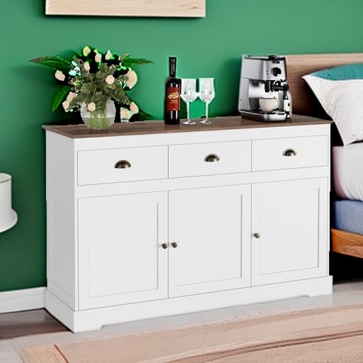 Keyluv White Buffet Cabinet Storage Sideboard Farmhouse Server Bar Wine Cabinet with 3 Drawers & 3 Doors Adjustable Shelves Console Table for Dining