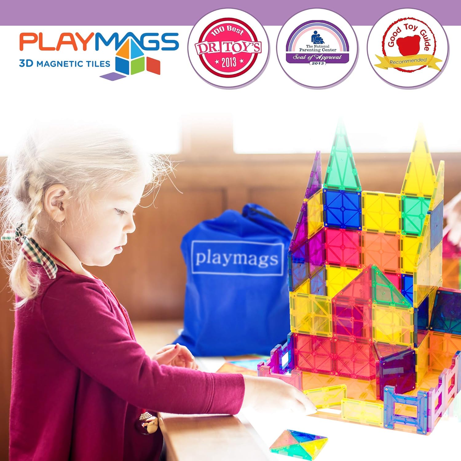 Award Winning Playmags Clear Colors Magnetic Tiles Building Set 50 + 6 Pc Set with Car - STEM Magnetic Toys Develop Motor Skills & Creativity