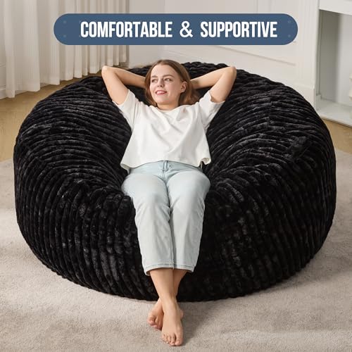 Hobestluk 5ft Bean Bag Chairs for Adults Large Beanbag Chair with Stripe Plush Cover Big Bean Bag Chair for Living Room Bedroom Dorm Office -Black