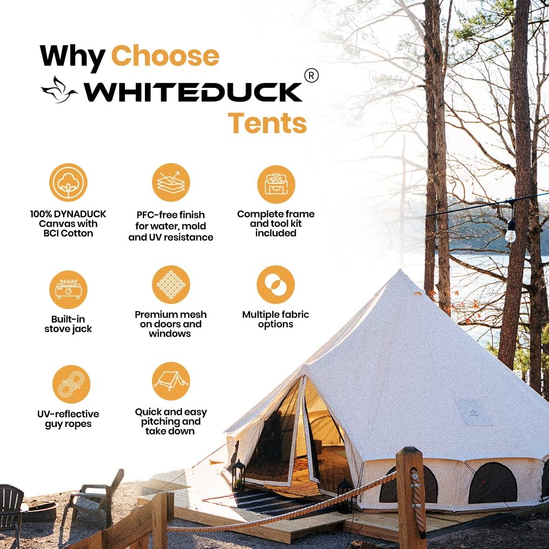 WHITEDUCK Avalon Canvas Bell Tent - Luxury All Season Tent for Camping & Glamping Made from Premium & Breathable 100% Cotton Canvas w/Stove Jack, Mesh