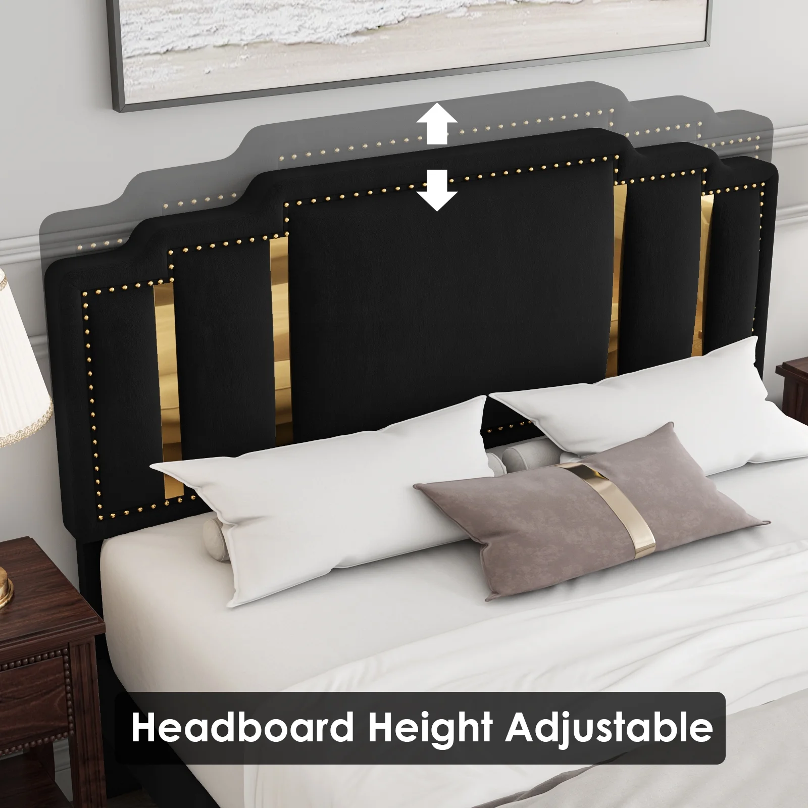 Homfa Queen Bed Frame, Luxury Velvet Upholstered Headboard with Golden Iron Sheet & Rivets, Platform Bed with Adjustable Headboard, Black