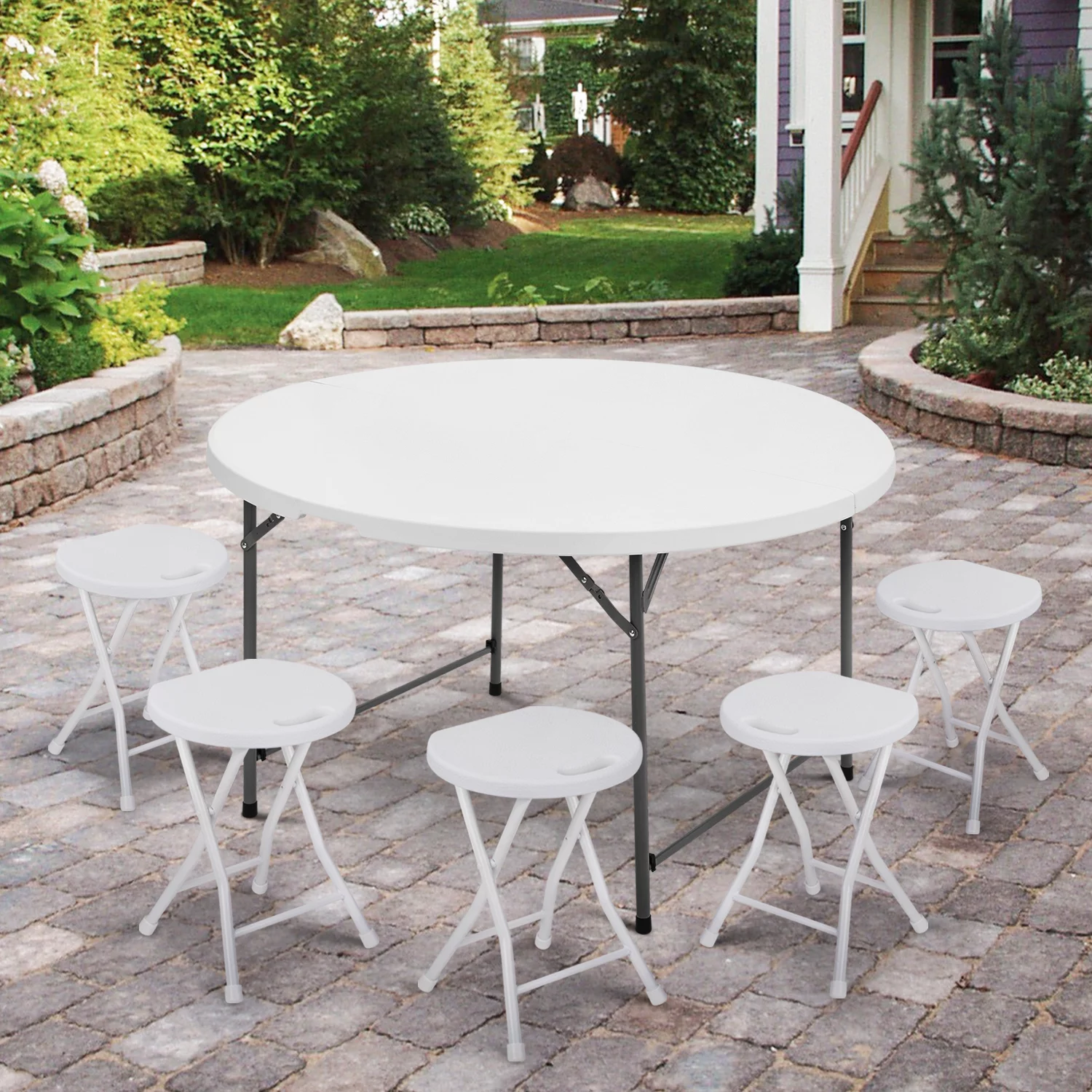 Magshion 10 Pieces Round Bi-Folding Commercial Table, 4.5 Feet Portable Plastic Dining Card Table for Kitchen Outdoor Party Wedding Event, White
