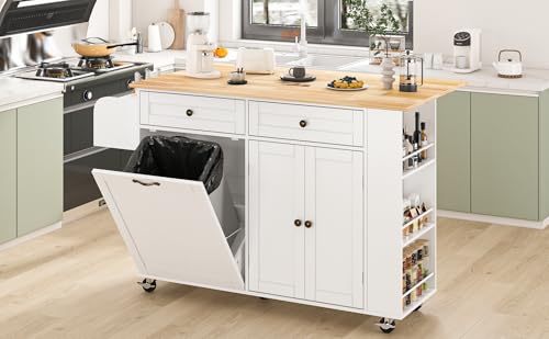 67’’ Movable Kitchen Island with Drop Leaf and Power Outlet, Lockable Sliding Countertop Rolling Island Cart with 2 Large Drawers, Spice, Towel Rack