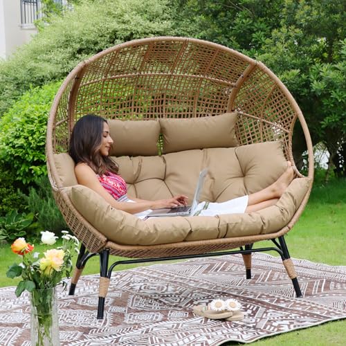 NICESOUL® Double Egg Chair Indoor Outdoor Stationary Oversized Thicken Padded Cushions, 2 Person Egg Loveseat Chair