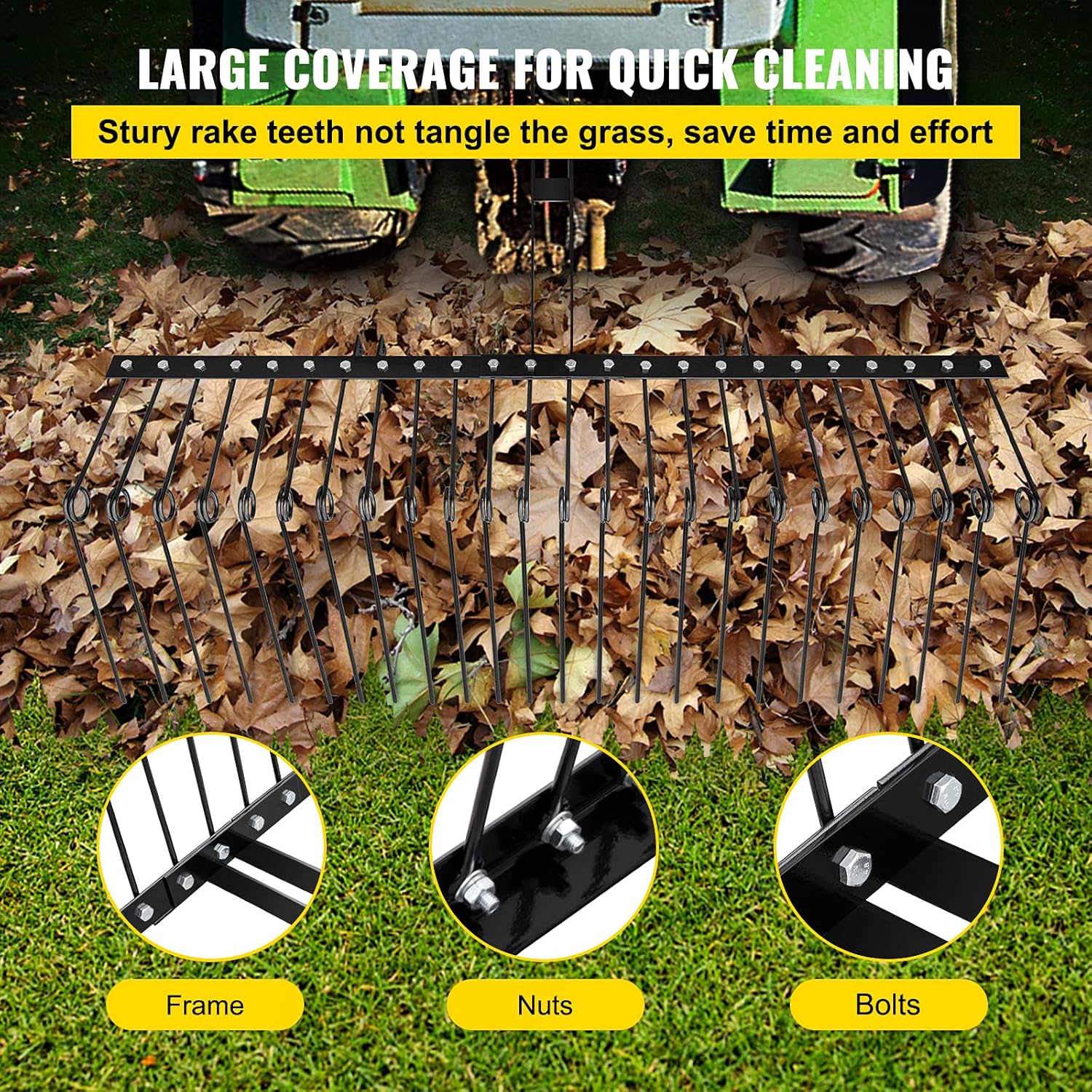 VEVOR Landscape Rake, 60 Inch Wide Tractor Rake, 3-Point Tow Behind Rake with 25.6 Inch Spring Tines, Black Pine Straw Needle Rake Dethatcher