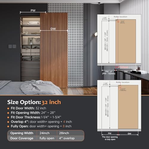 36inch Concealed Sliding Barn Door Hardware with Soft Close Mechanism, Aluminum Track, Invisible Floor Track, Fit MIN Opening Width 28in