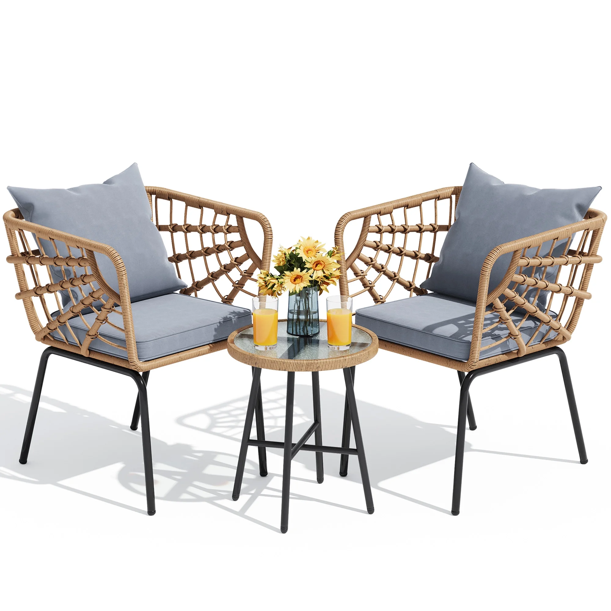 Dextrus 3-Piece Outdoor Patio Furniture Wicker Bistro Set, With 2 Chairs and Coffee Table,Cushions and Lumbar Pillows-Gray